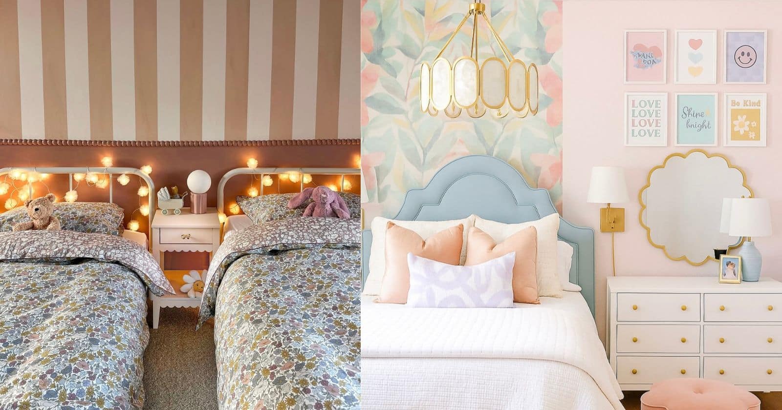 Two vibrant girls' bedrooms: one with striped walls and string lights, the other with floral wallpaper and soft pinks.