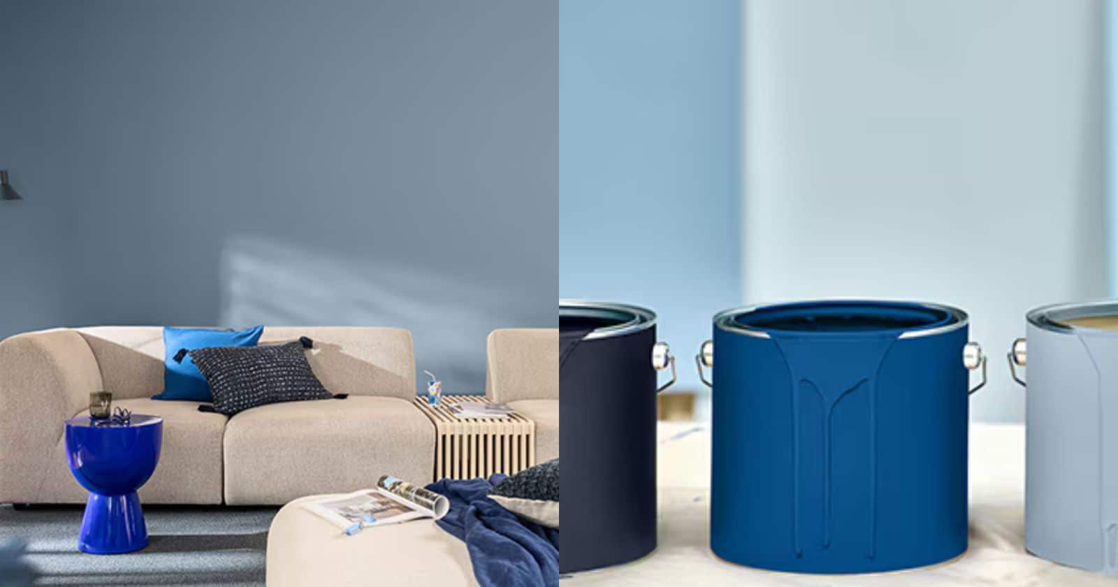 Three paint cans with dripping paint in dark blue, bright blue, and a light blue shade.