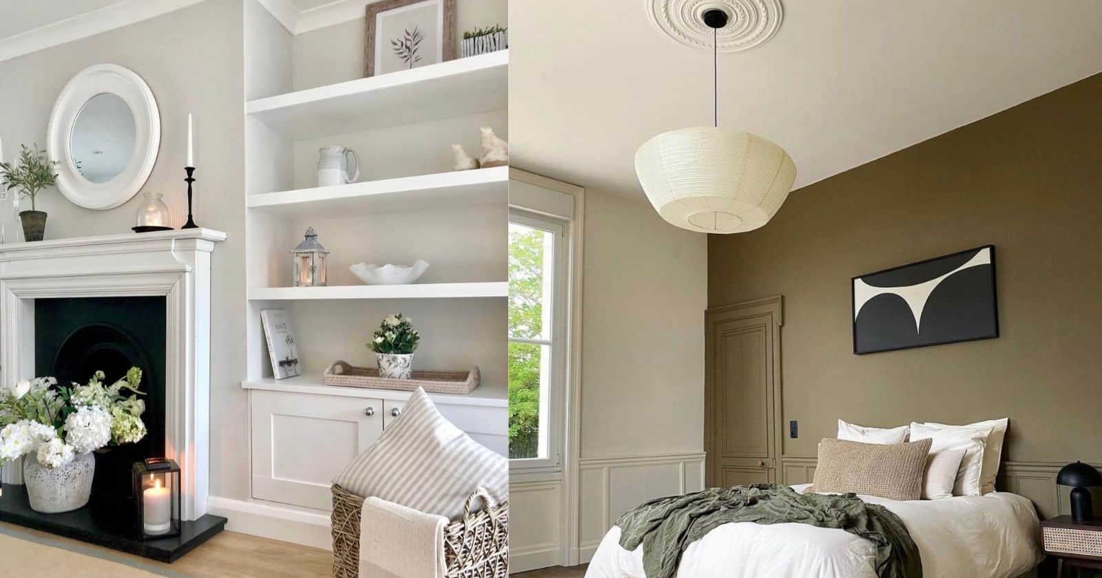 A stylish home with two distinct looks: a cozy fireplace area and a minimalist bedroom with a large, woven light fixture.