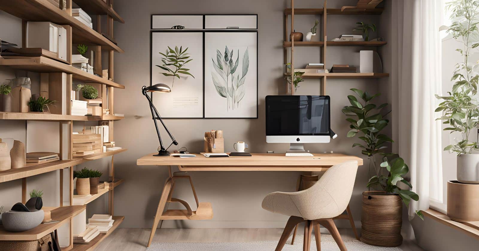 A modern home office with a light wood desk, a computer, and multiple shelves filled with books and plants.
