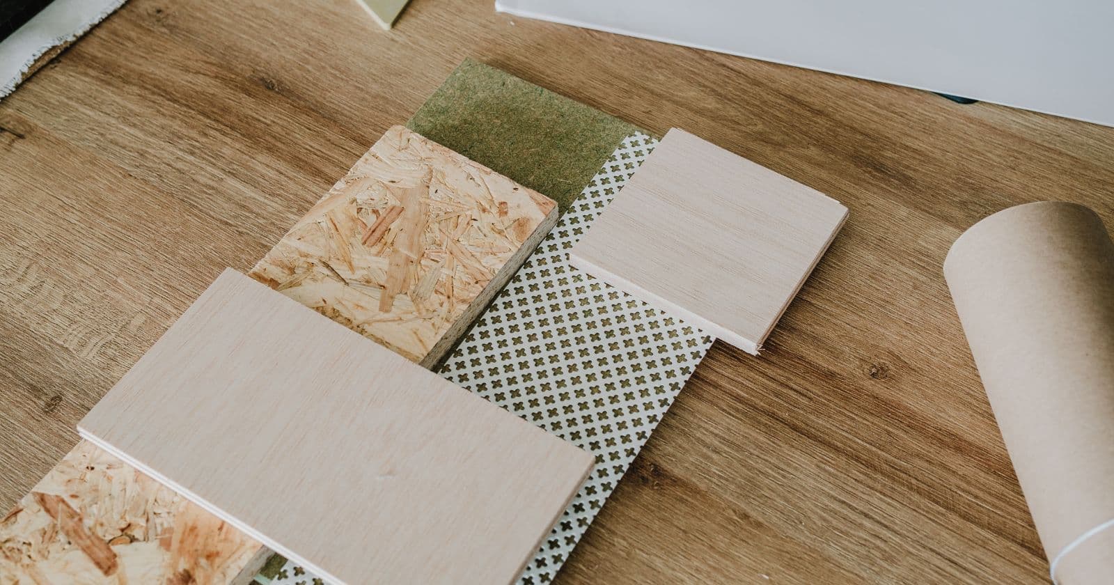 A variety of wooden and metal material samples lie on a light-colored wooden floor.
